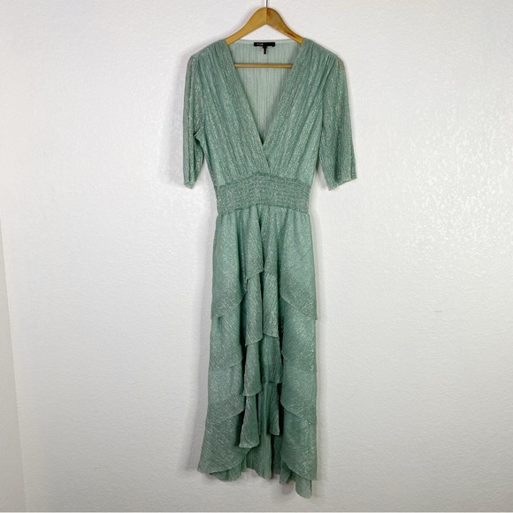 Maje Green Stretch Lurex Ruffled Midi Dress - Picture 2 of 8